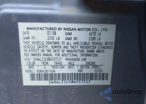 2008 Nissan Altima 2.5 S z USA, uszkodzony, nr VIN 1N4AL21E58N557217